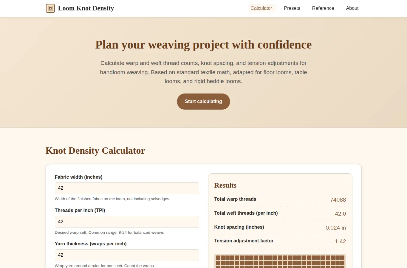 Screenshot of Loom Knot Density Calculator interface showing the project page in use